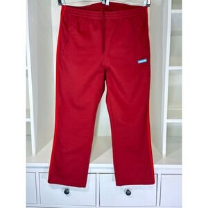 Adidas Mens Red Three Stripe Track Pants Retro Blue Logo Patch Zip Pockets